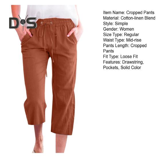 Women Cropped Pants Mid-rise Elastic Waist Adjustable Drawstring Casual Pants with Pockets Loose Fit Summer Pants