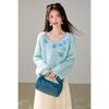 Elegant French Floral Knit Sweater for Women - New Autumn 2026 Blue Design