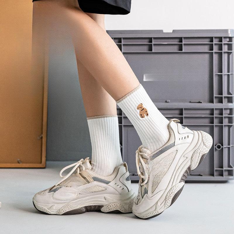 Women's Long Socks, Women's Pile Socks, Double-needle Embroidered Bear, Autumn and Winter Trendy Cotton Socks, Black and White Socks