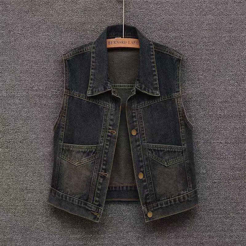 

Women s Retro Denim Vest - Autumn 2025 Casual High-Waisted Slim Jacket with Distressed Wash Look X-Large