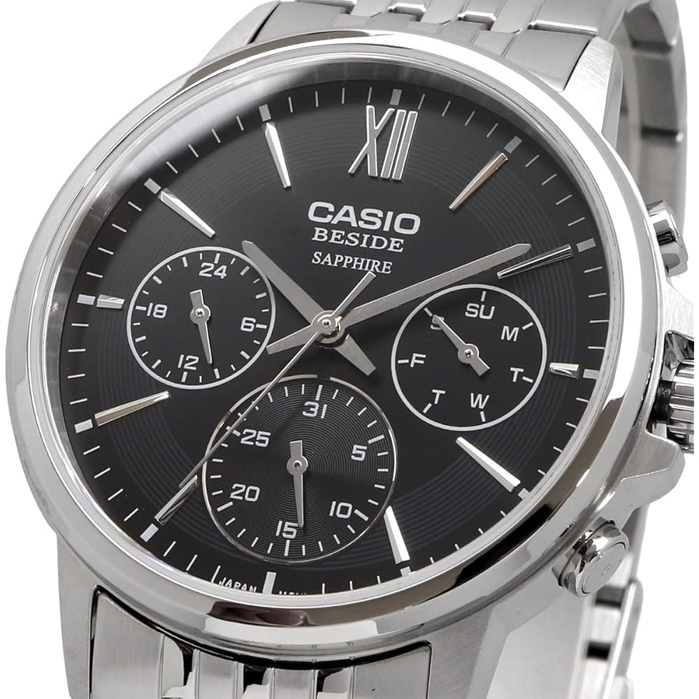 Casio Beside Quartz Men's Watch Sapphire Glass BMS-300D-1AV Stainless Steel Band 24-Hour Display Black