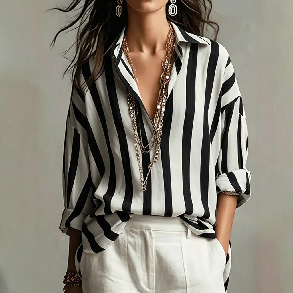 Women's Striped Long Sleeve Button Down Shirt for Casual Daily Wear
