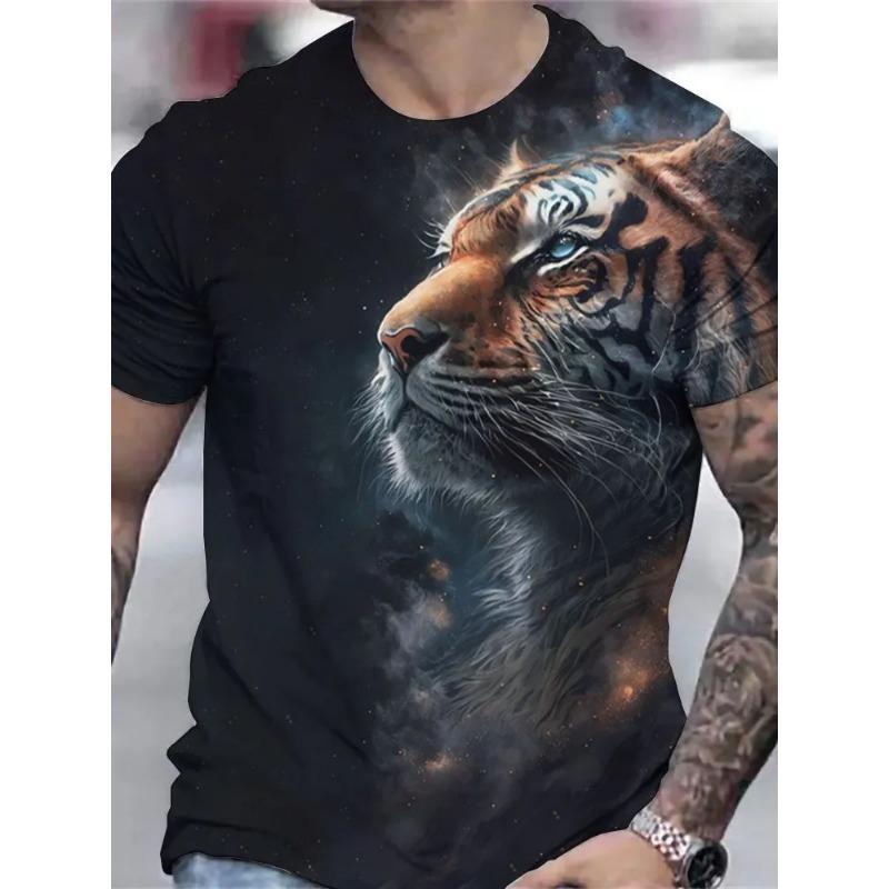 Summer Round Neck 3D Tiger Print Top Fashionable Casual Short Sleeved Men's T-shirts