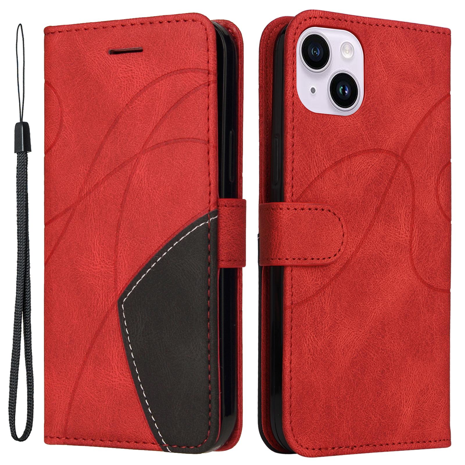 

For iPhone 15 Plus Leather Case Wallet Stand Color Splicing Phone Cover Red
