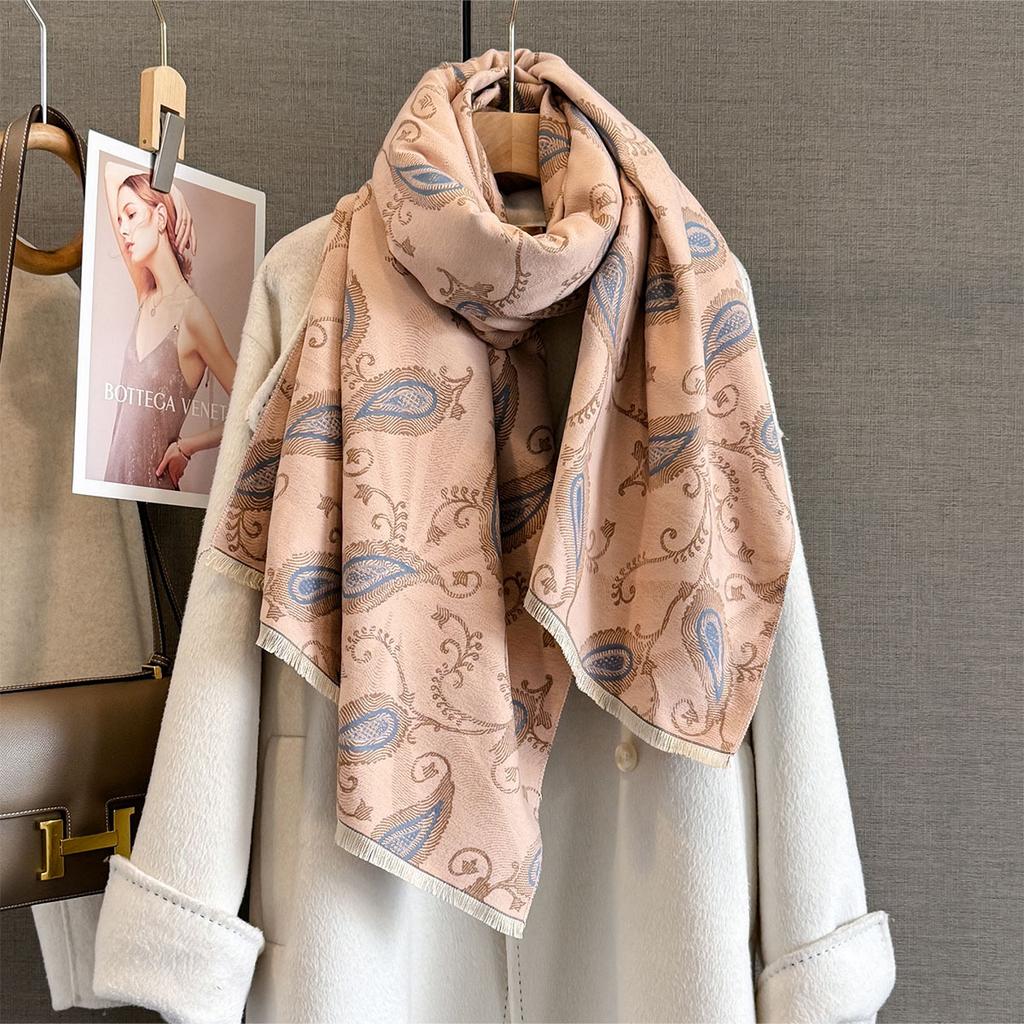 Autumn and winter versatile long fringed scarf women's imitation cashmere cashew flower shawl scarf