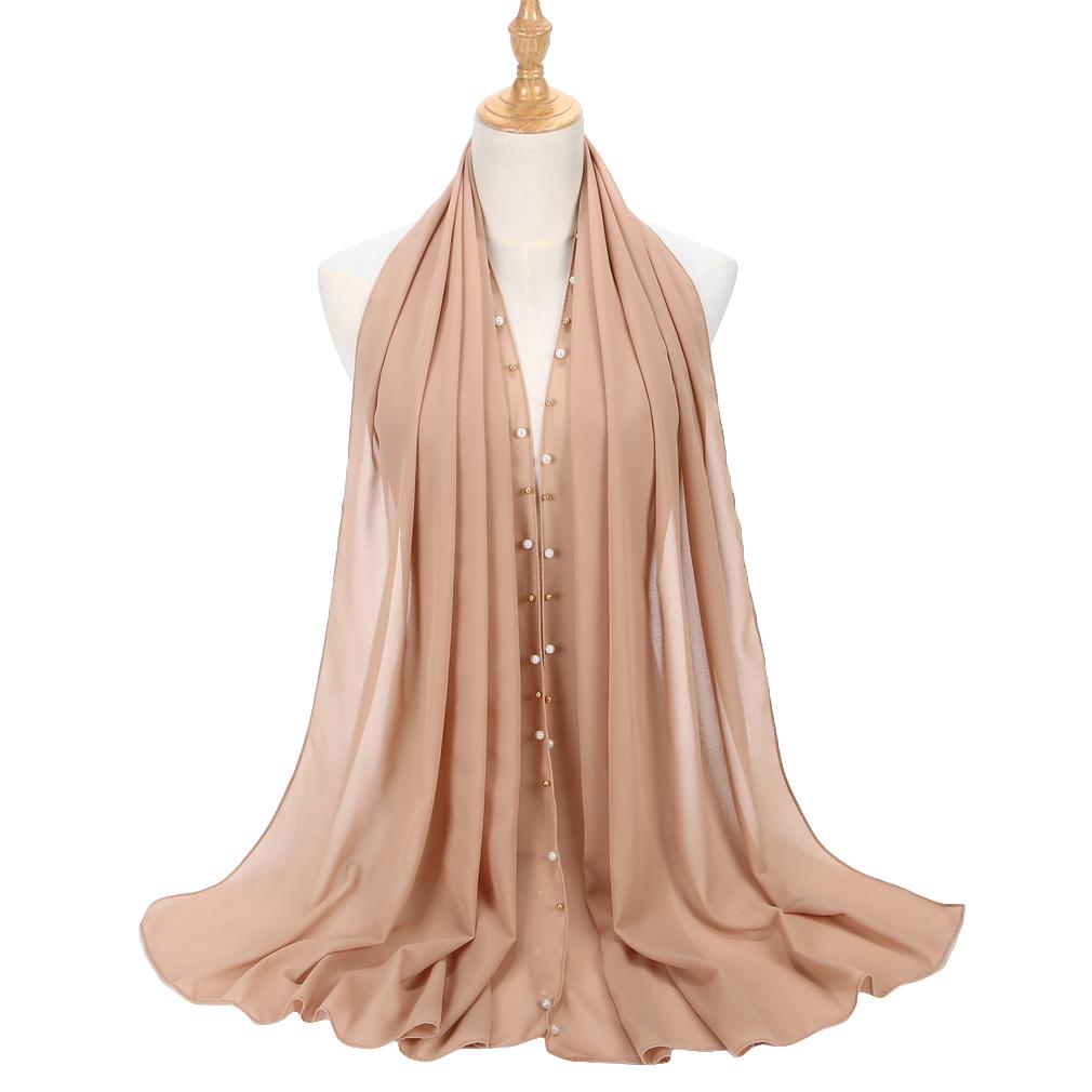 Women's Solid Chiffon Pearl Scarf, Elegant Beaded Hijab Shawl, Muslim Headscarf for Daily/Party