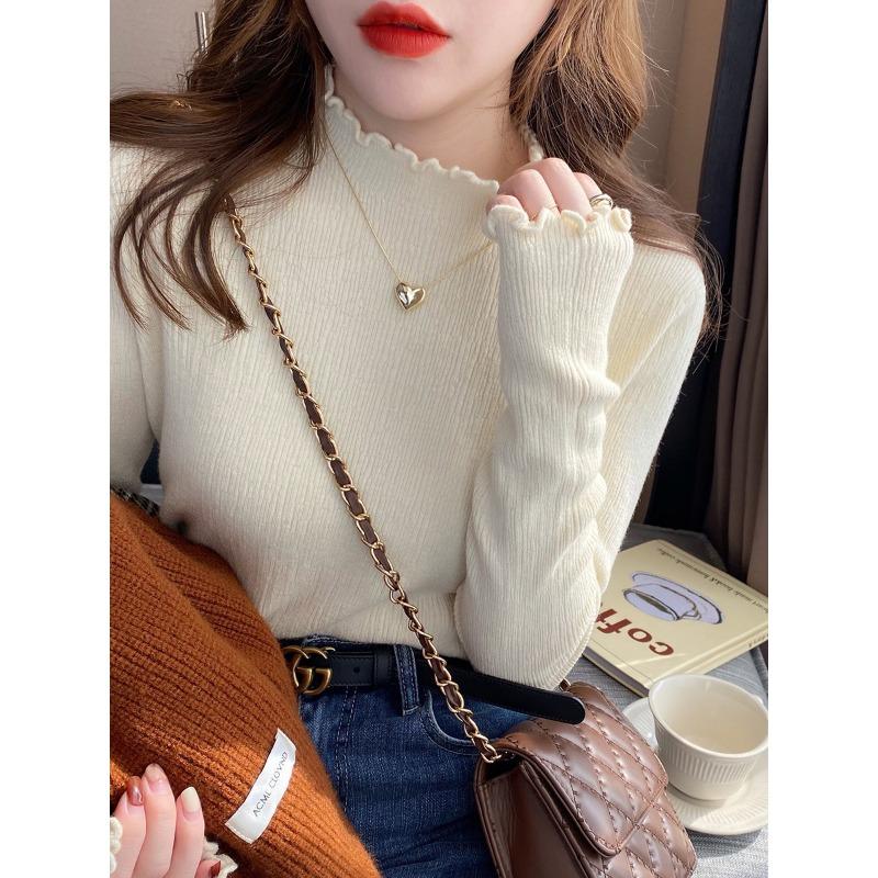 Fungus Edge Base Shirt Women's New Autumn and Winter Underwear with Black Semi-turtleneck Sweater and White Winter Knitted Top