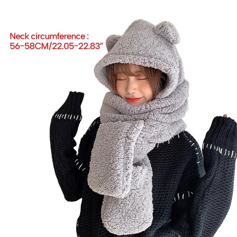 Trendy Women Plush Hats Gloves Scarf 3in1 Suit Cartoon Bear Ear Shape Warmth Hats Hat Adults Winter Hat for Teenagers