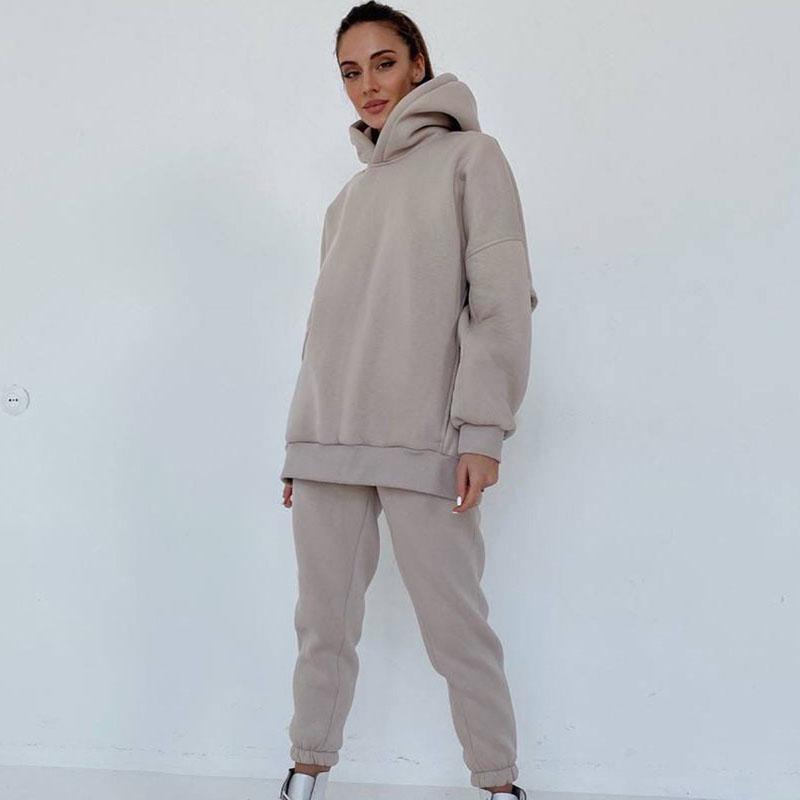 WTEMPO Women's Tracksuit Fleece Hooded Two Piece Set Loose Hoodies Jogger Pants Sets Female Autumn Casual Solid Sportswear Suit