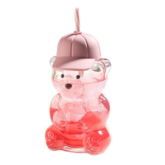 

Bear Shape Sippy Cup with Straw Lid 600ml Cute Glass Tumbler for Iced Coffee Milk Tea Juice Dishwasher Safe Reusable Cold Cup for Home Office Travel рожевий