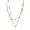 Elegant Double-Layered Colored Natural Stone & Pearl Necklace with Titanium Steel Clavicle Chain