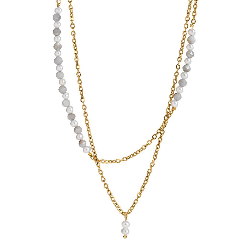 Elegant Double-Layered Colored Natural Stone & Pearl Necklace with Titanium Steel Clavicle Chain