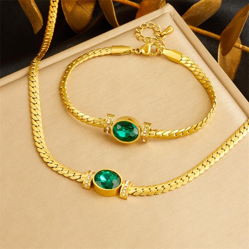 

Gold Green Zircon Cuban Link Necklace Bracelet Set For Women золотой