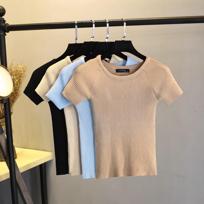 Camiseta de punto de manga corta y cuello redondo ajustada clásica de verano para mujer 2025