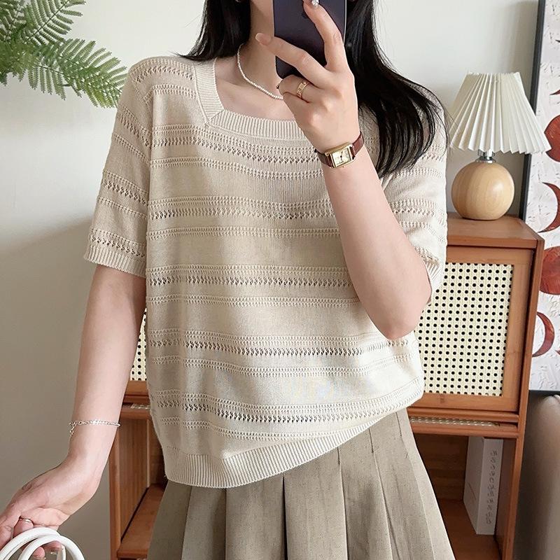 

Женский полосатый топ свободного кроя на лето 2024 года - футболка с коротким рукавом Medium хаки