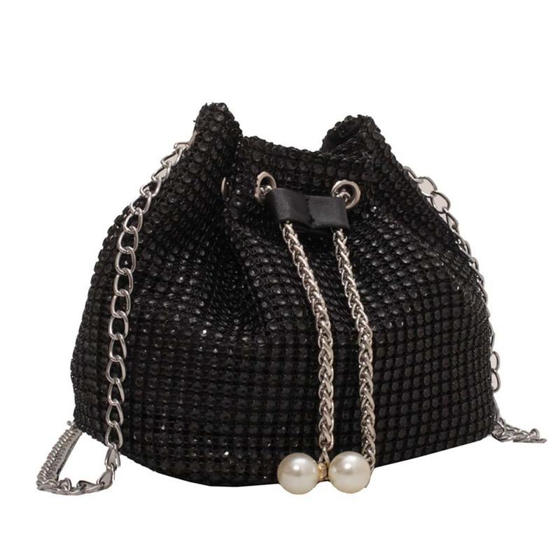 

Women Chain Crossbody Bag Solid Color Rhinestone Fashion Bucket Bag Drawstring Glittering Satchel Bag Female Dating Bag чёрный