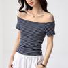 Tencel lyocell cotton, one-word collar off-the-shoulder striped T-shirt women's summer new slim-fitting sexy clavicle short-sleeved top