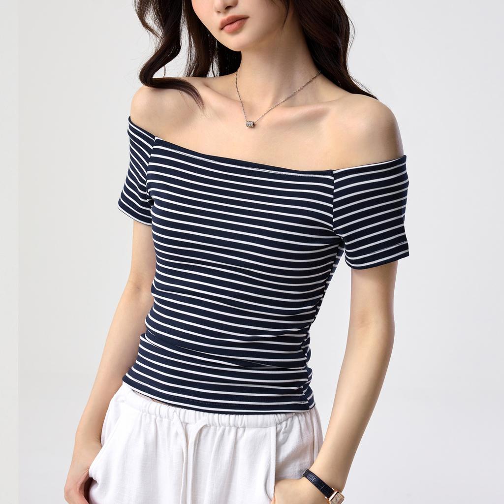 Tencel lyocell cotton, one-word collar off-the-shoulder striped T-shirt women's summer new slim-fitting sexy clavicle short-sleeved top