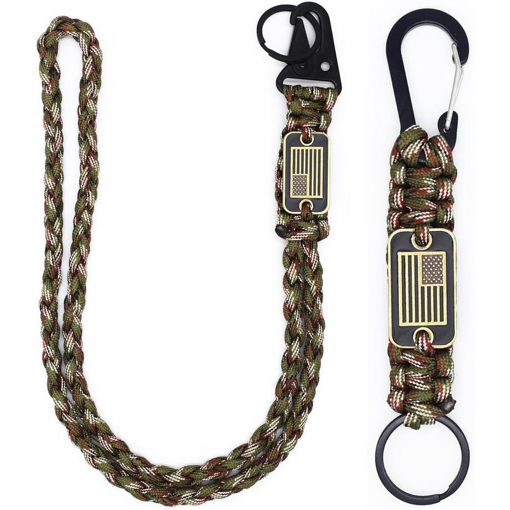 2 Pcs Heavy Duty Paracord Lanyard Necklace 550 Braided Keychain with USA Flag Parachute Rope for Outdoor Camping Hiking Keys