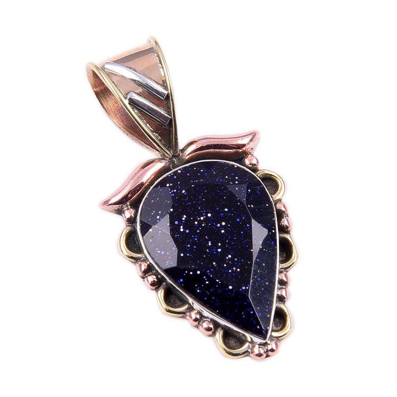 Natural Blue Sunstone 925 Solid Sterling Silver Gift TwoTone Pendant 1.25" Q2J36