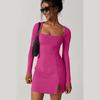 Womens Square Neck Bodice Dress Long Sleeve Side Slit Flare Mini Dresses