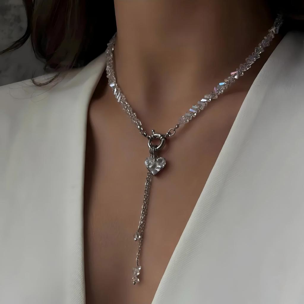 Fashion Vintage Sexy Ceramic Heart Pendant Necklace for Women Female Boho Geometric Baroque Double-layer Crystal Chain Jewelry