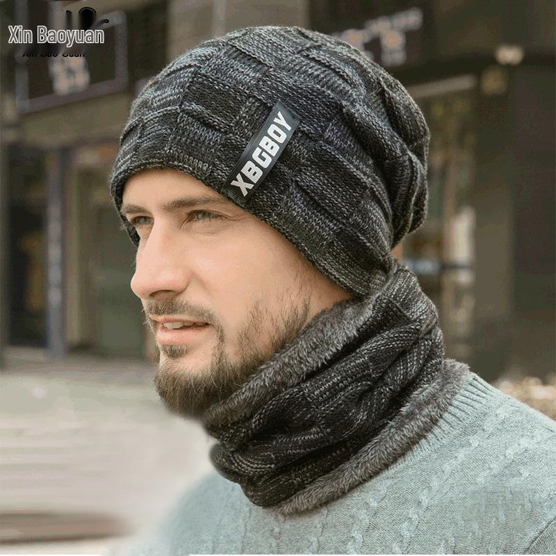 Herren Europäisches und Amerikanisches Winter Mütze & Schal Set: Dick gestrickt mit Samtfutter
