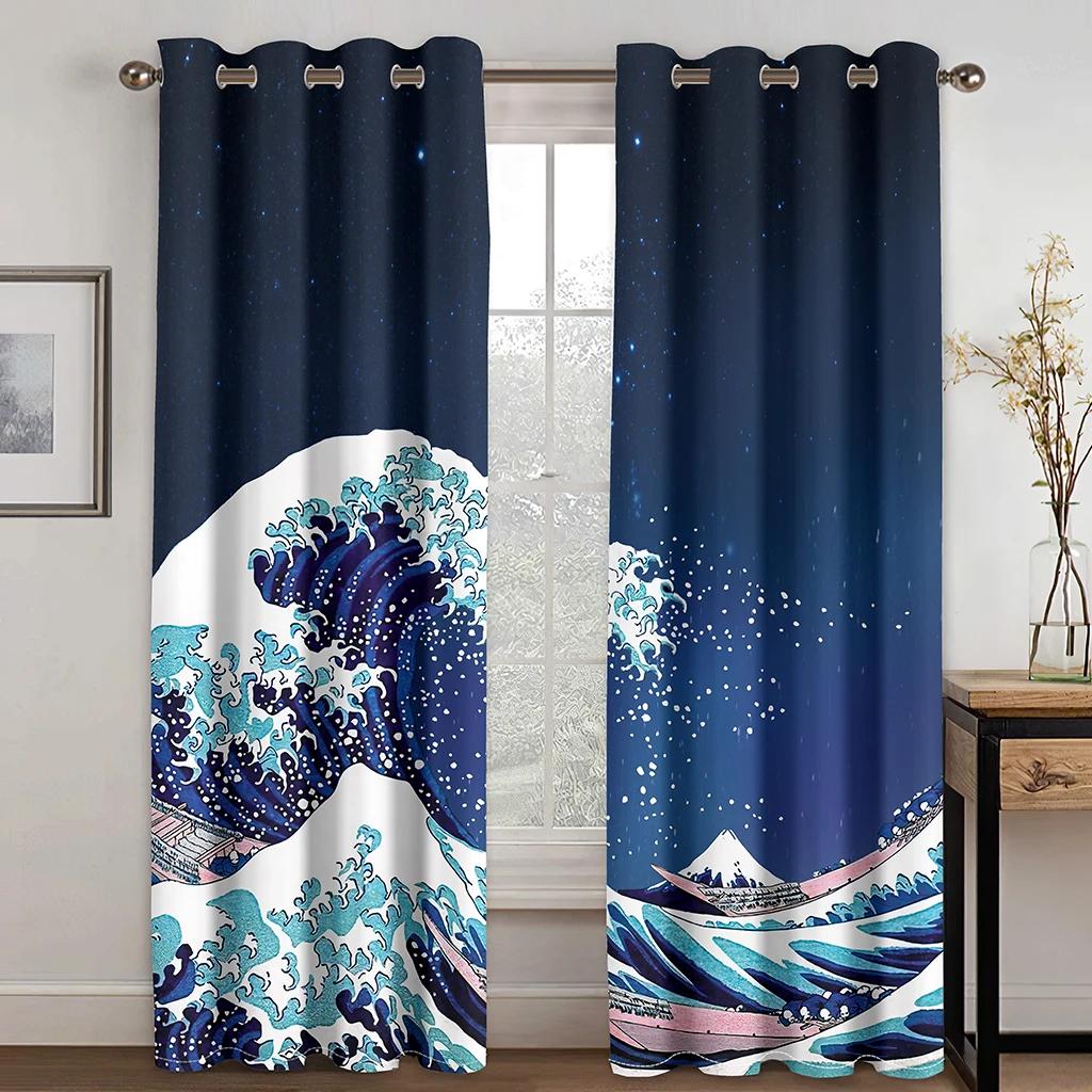 Japanese Style Wave Sun Samurai Manga Caricature Animation Light Filtering Drapes 2 Panelss Thin Window Drapes For Bedroom Space Living Space