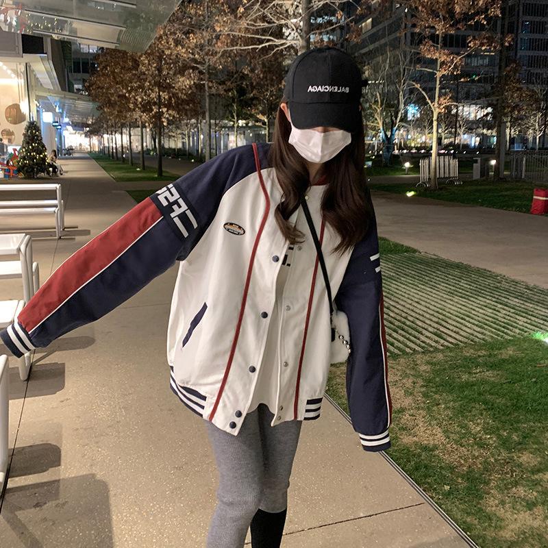 

Унисекс Куртка-бомбер в стиле ретро с цветными блоками - Повседневная и универсальная верхняя одежда в американском стиле XXL