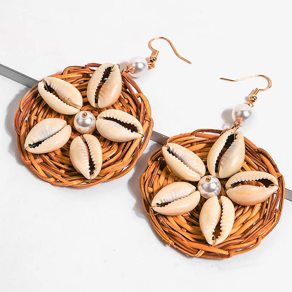 Women Fashion Bohemian Style Rattan Shell Pearl Charm Dangle Earrings Drop Earrings