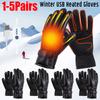 USB Rechargeable Heated Gloves Touchscreen Leather Windproof Waterproof Warm Glove for Outdoor Skiing Cycling Fishing No Battery