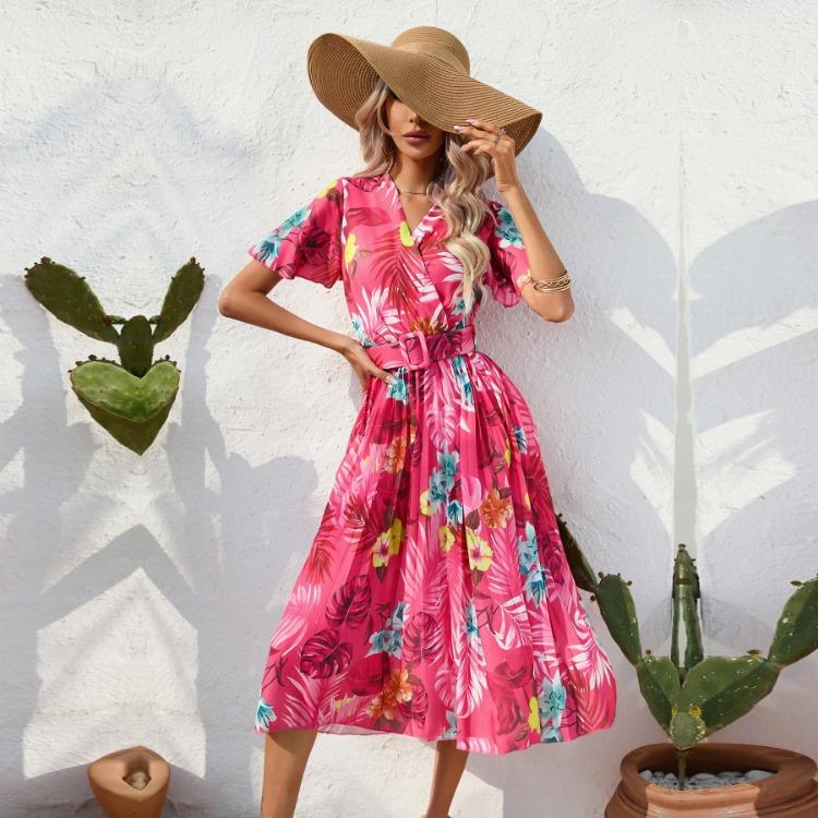 Women Floral Print Summer Dress V Neck Short Sleeve Wrinkle Free Belted
