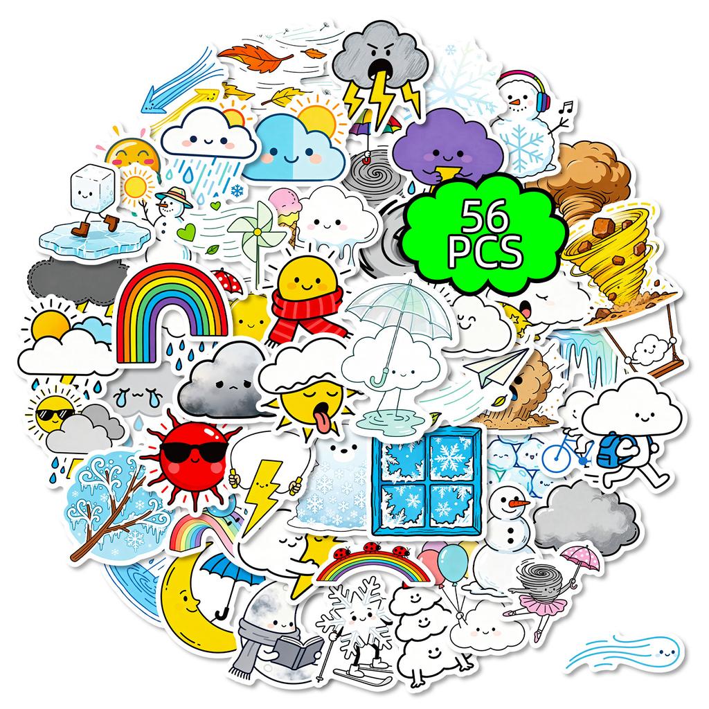 56/112 Pcs Weather Cartoon PET Transparent Fun Stickers for Stationery Box Suitcase Fridge Drawer Cup Phone Laptop