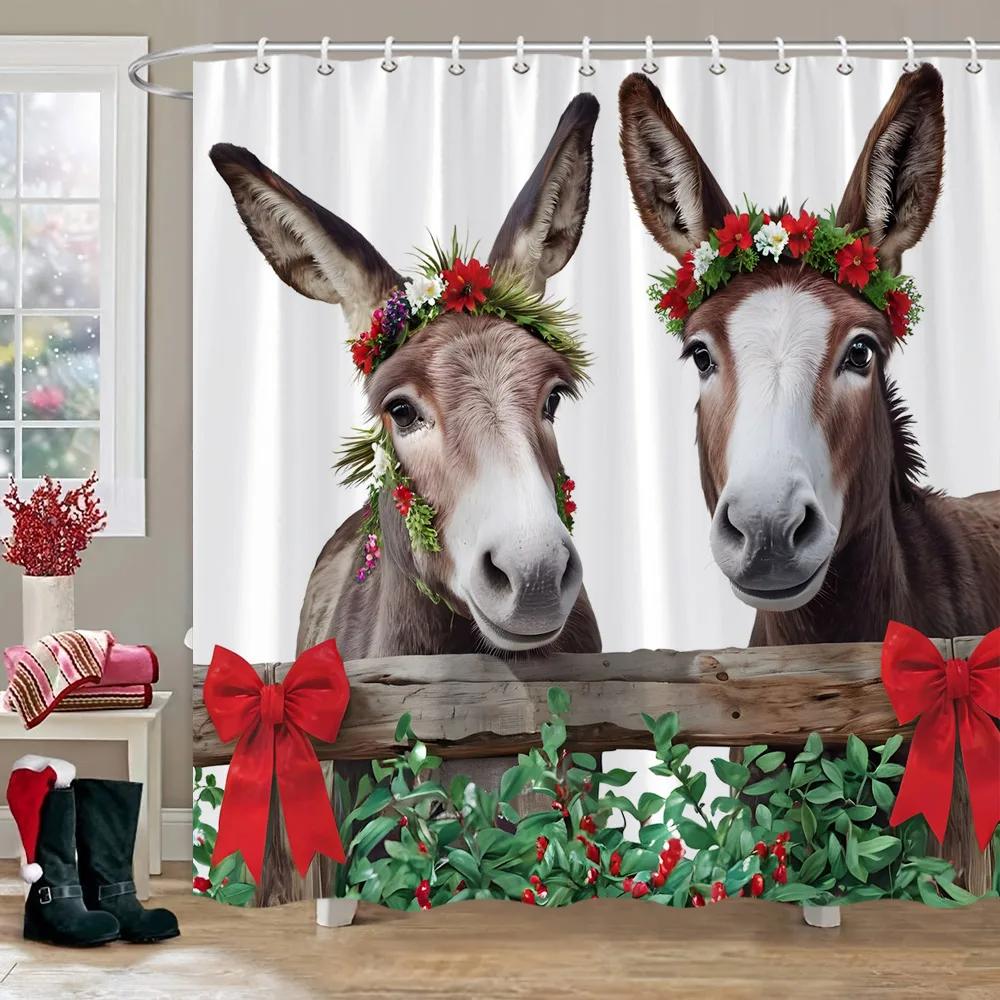 

Смешная кошка и собака Рождественская шторка для душа Олень в рождественской шляпе Фермерская корова Милые домашние животные Шторки для душа Декор для ванной 90x180cm