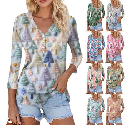 Damen Casual Mode Sexy Bequem Weihnachts-Print V-Ausschnitt Knopf Dreiviertelarm Oberteil