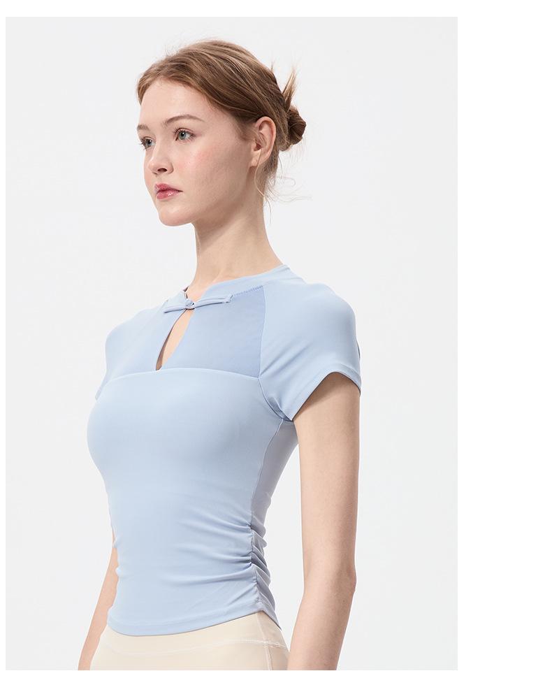 Chinese Style Quick-Dry Yoga Top: Short Sleeve, Side Ruched, Slim-Fit with Chest Pad for Fitness