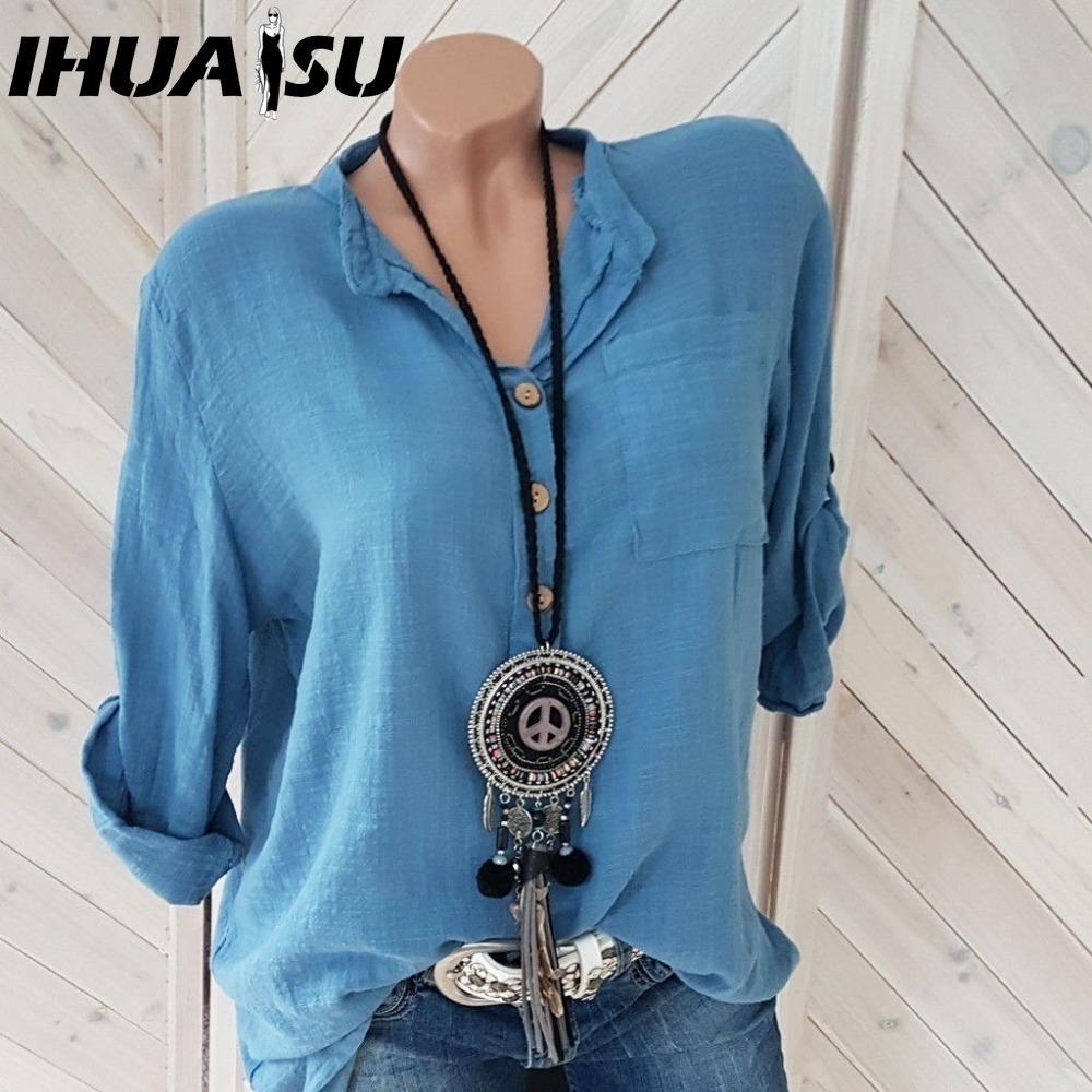 

IHUASU Жіночі модні повсякденні одноколірні блузки та сорочки з довгими рукавами з вирізом у формі поло XXXXXL синій