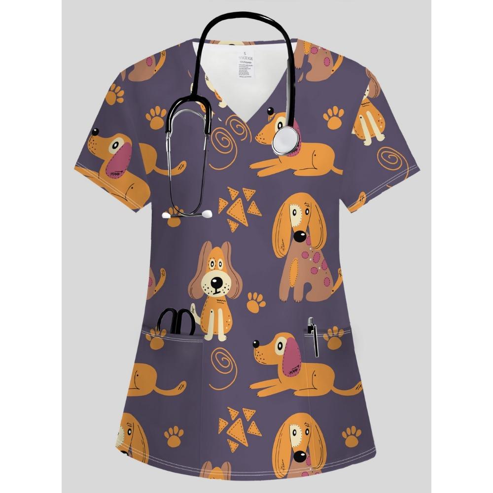 Casacca Medica da Donna Elegante Scollo a V Carini Motivi Animali Cartoni Animati Maniche Corte Comode con Tasche Casacca Donna