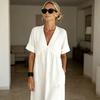 Sommer Baumwoll-Leinen Maxikleid für Damen Lässiges V-Ausschnitt Kurzarm A-Linien Kleid Strandurlaub Fließendes Sommerkleid mit Taschen