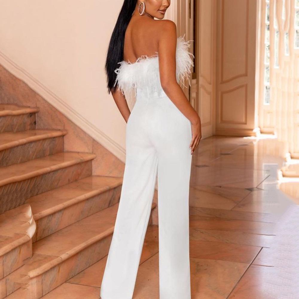 2025 Spring/Summer European & American Women's Feather Bandeau One-Shoulder Backless Jumpsuit