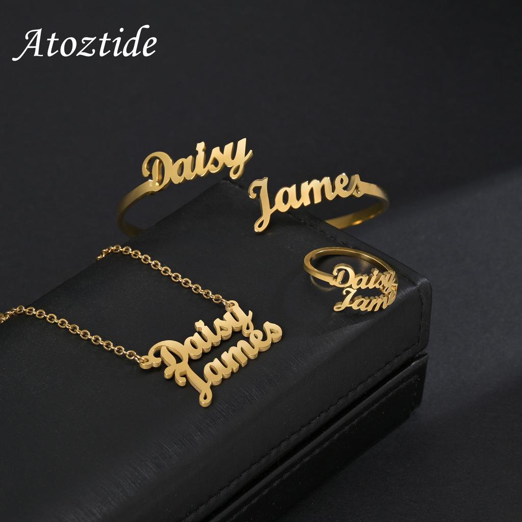 Atoztide Custom Double Names Frosted Jewelry Set Bracelet Necklace Rings Stainless Steel for Women Unisex Choker Birthday Gifts