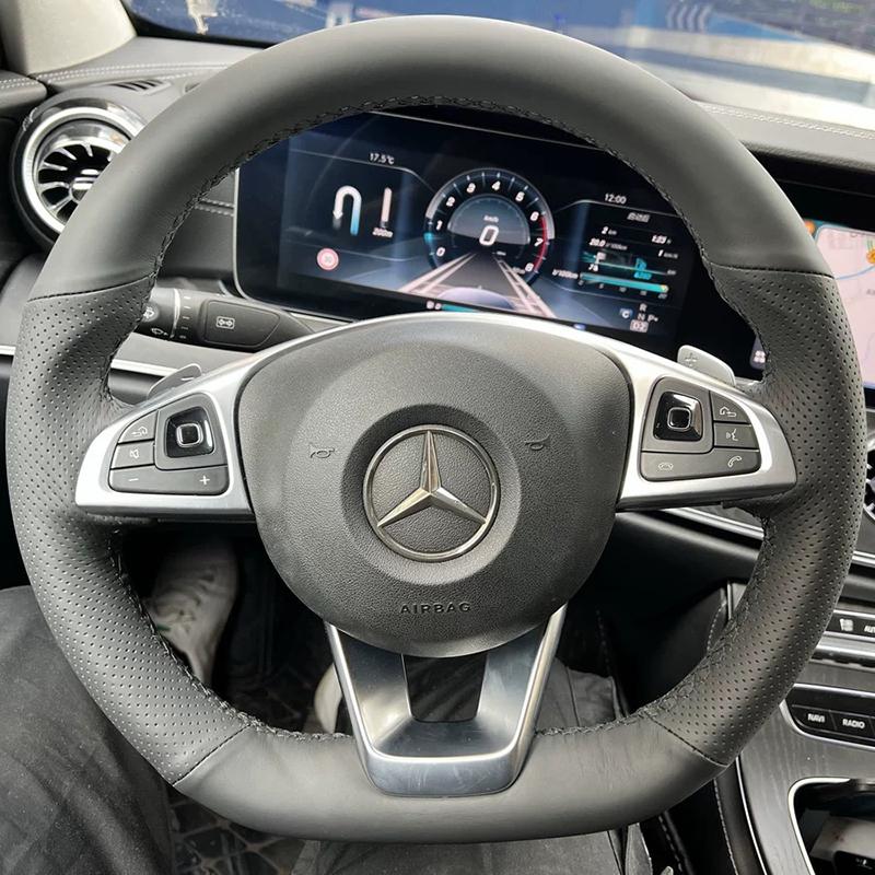 For Mercedes Benz W176 W246 W205 C117 218 X218 C253 W213 W166 Hand-stitched black suede carbon fiber car steering wheel cover