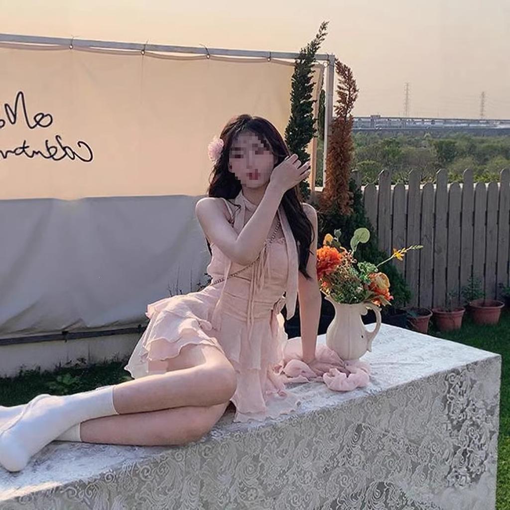 Slightly fat gentle sweet ruffle leaf edge suspender dress women's summer small man waist thin short skirt cardigan set