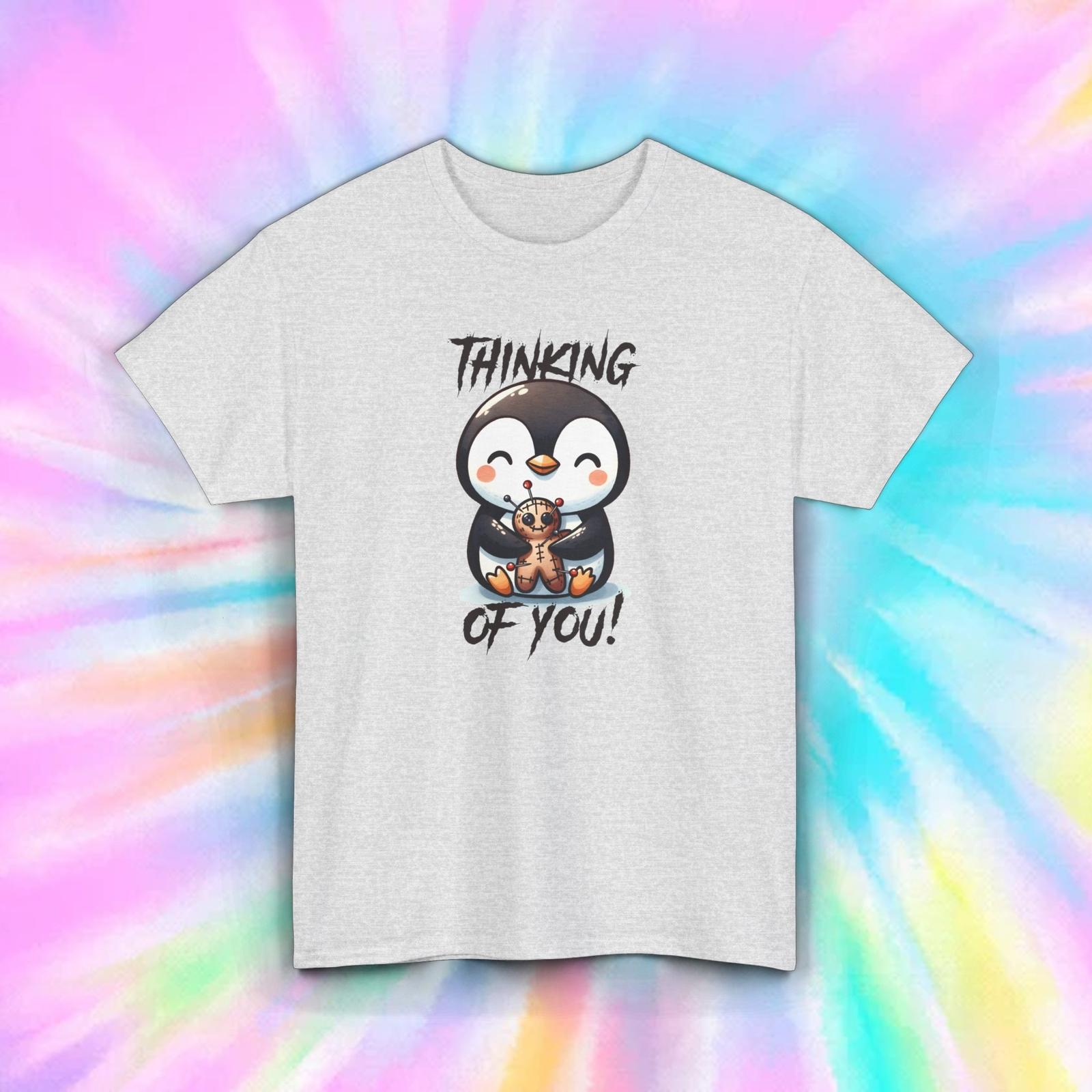 Thinking of You! T-Shirt Mens Womens Tees Top | Cute Penguin with Voodoo Doll Graphic Tee | S-5XL 2XL