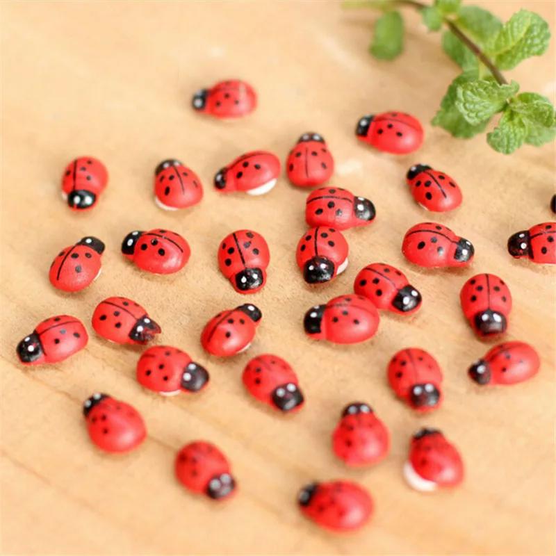 100Pcs Mini Wooden Ladybird Ladybug Self-adhesive Sticker Children Painted DIY Crafts Fairy Garden Figurine Miniature Home Decor