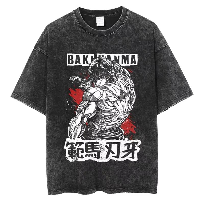 Baki Print Vintage Baumwoll-T-Shirt Herren Damen Sommer Lässig Übergroß Streetwear Fitnessstudio Workout Training Kurzarm Grafik-T-Shirt