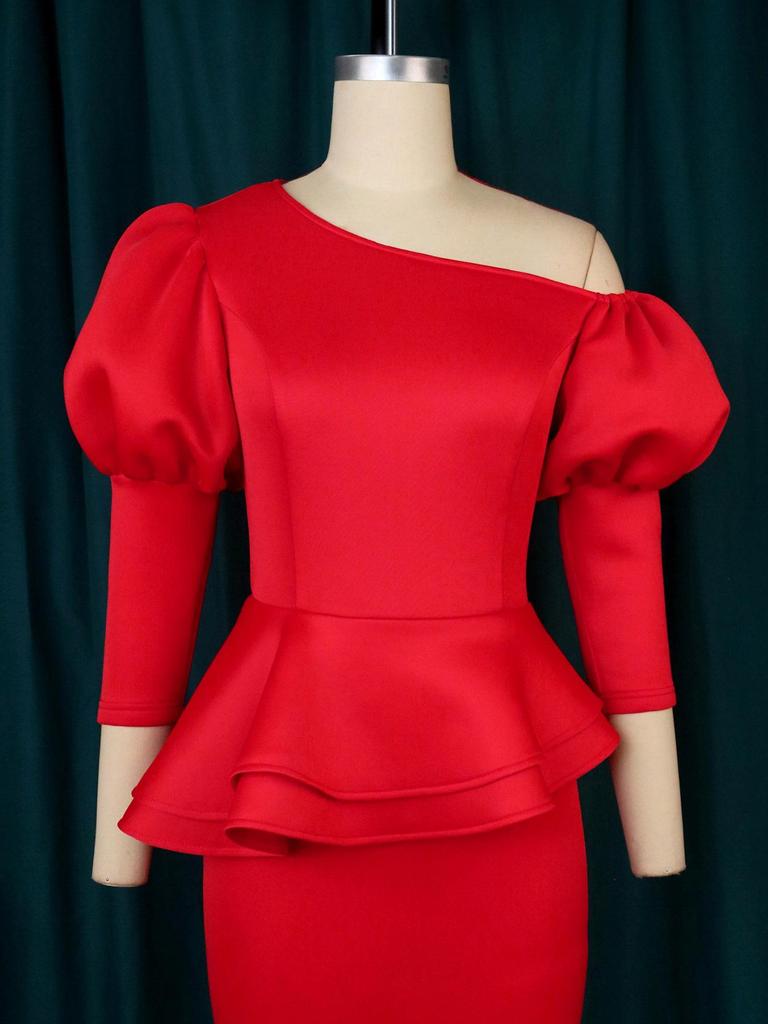 AOMEI Bodycon šaty Červené nepravidelné rukávy s lucernou s vysokým pasem volánky balíček boky ke kolenům koktejlový outfit pro dámy