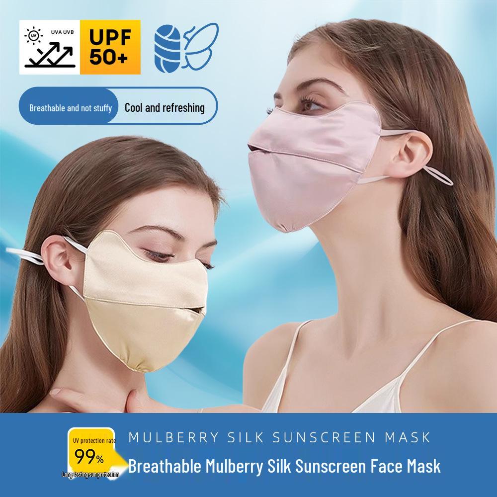 Women's Mulberry Silk UV Protection Face Mask - Breathable, Dustproof, Cycling-Friendly with Sunshade Eye Corner Protection