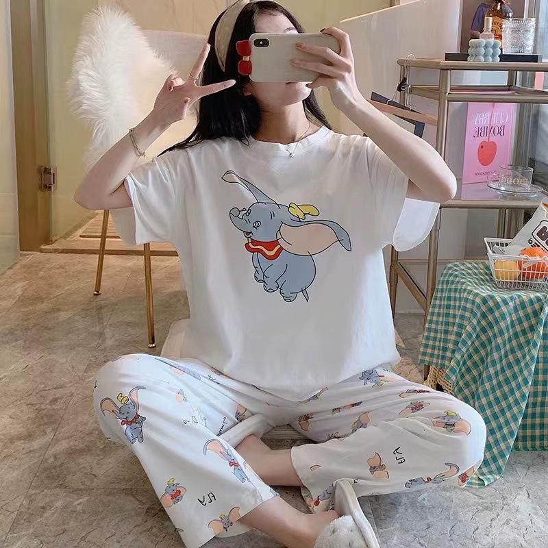 Damen Sommer Cartoon Pyjama Set - Rundhals, Kurzarm, Leichte Hose für Frühling & Herbst