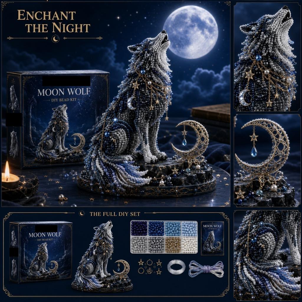 Moon Wolf 3D DIY Bead Kit Handmade Craft Set for Adult and Teen Creative Beadwork Sculpture Home Decoration Art Project